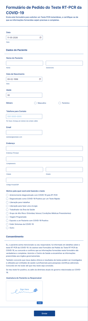 Formulário De Pedido Do Teste RT PCR Da COVID 19