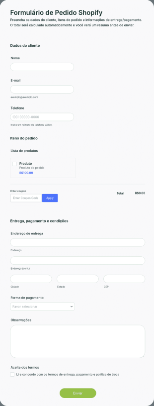 Formulário De Pedido Shopify