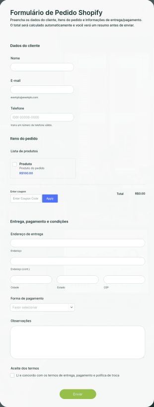 Formulário De Pedido Shopify