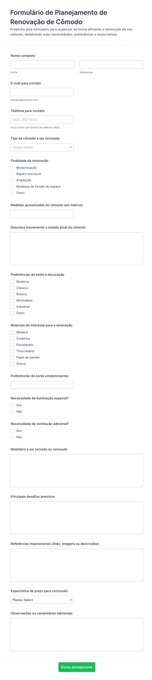 Formulário De Planejamento De Renovação Do Ambiente