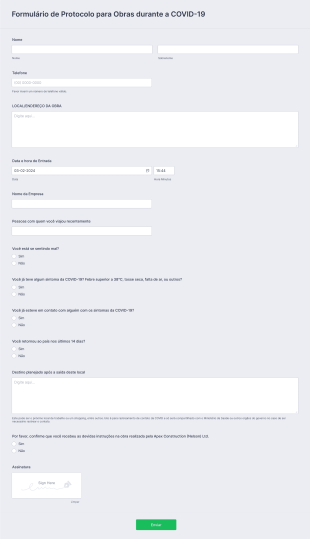 Formulário De Protocolo De Visitas Para Obras Durante A COVID 19 Form Template