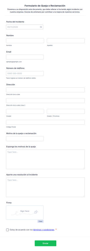 Formulario De Queja O Reclamación