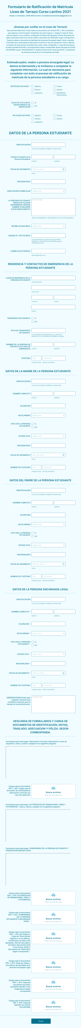 Formulario De Ratificación De Matrícula Liceo De Tarrazú Curso Lectivo 2021