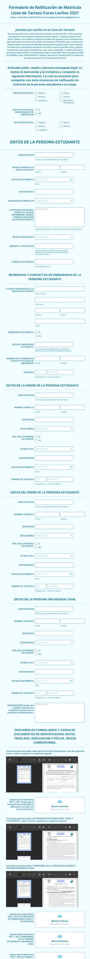 Formulario De Ratificación De Matrícula Liceo De Tarrazú Curso Lectivo 2021