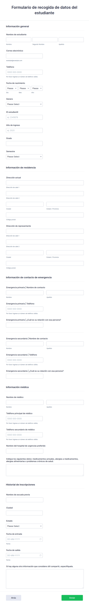 Formulario De Recogida De Datos Del Estudiante