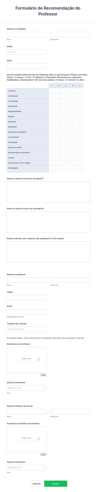 Formulário De Recomendação Do Professor