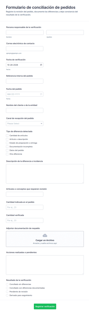 Formulario De Reconciliación De Pedidos