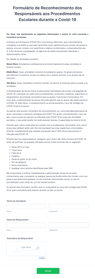 Formulário De Reconhecimento Dos Responsáveis Aos Procedimentos Escolares Durante A Covid 19