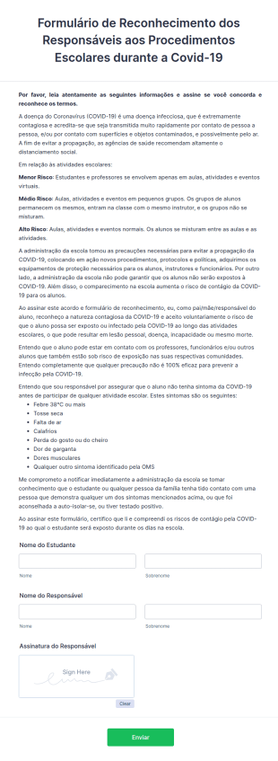 Formulário De Reconhecimento Dos Responsáveis Aos Procedimentos Escolares Durante A Covid 19