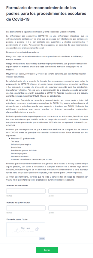 Formulario De Reconocimiento De Los Padres Para Los Procedimientos Escolares De Covid 19