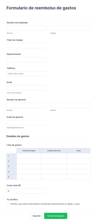 Formulario De Reembolso De Gastos