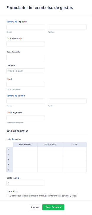 Formulario De Reembolso De Gastos
