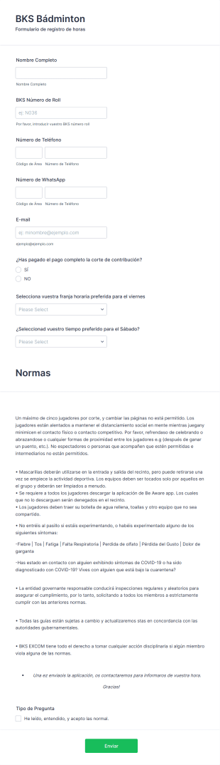Formulario De Registro A Bádminton