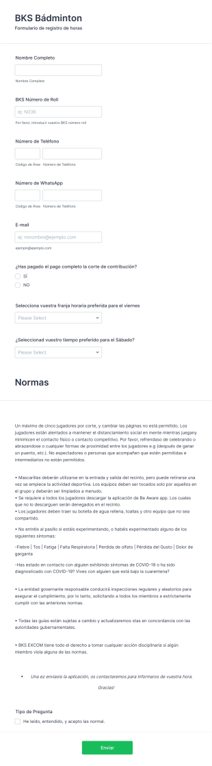 Formulario De Registro A Bádminton Form Template