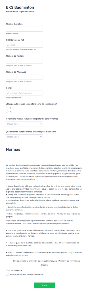 Formulario De Registro A Bádminton