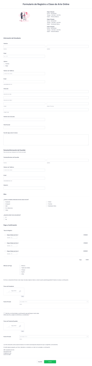 Formulario De Registro A Clase De Arte Online