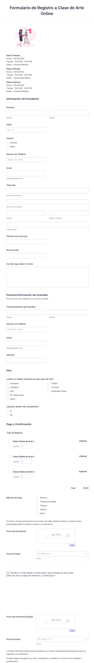 Formulario De Registro A Clase De Arte Online