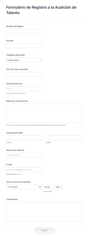 Formulario De Registro A La Audición De Talento Form Template