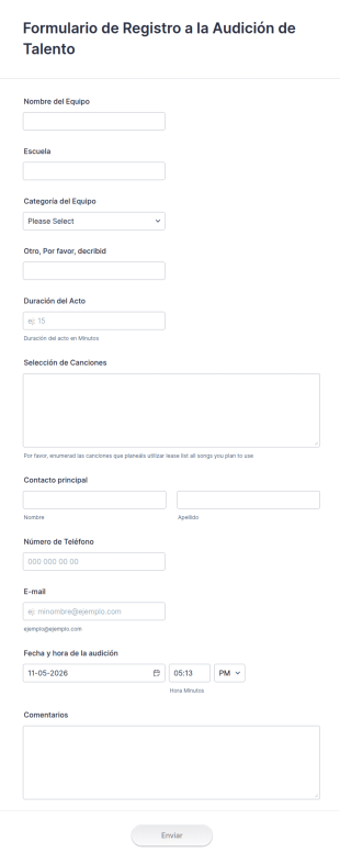 Formulario De Registro A La Audición De Talento