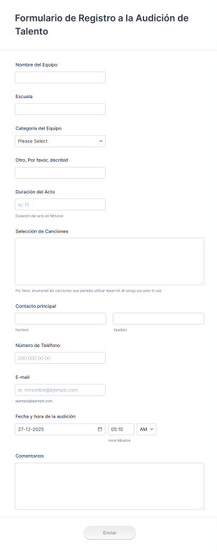 Formulario De Registro A La Audición De Talento