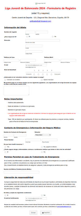 Formulario De Registro A La Liga De Basket