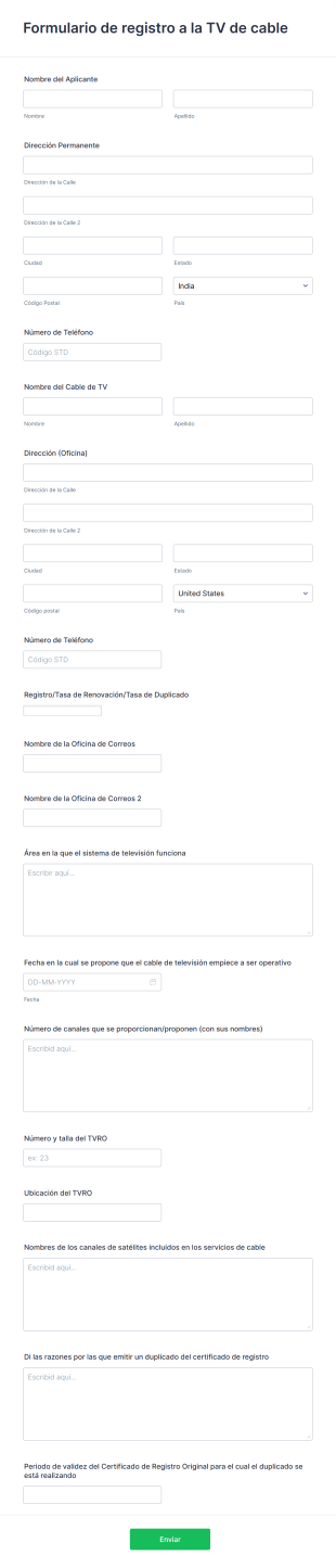 Formulario De Registro A La TV De Cable Form Template