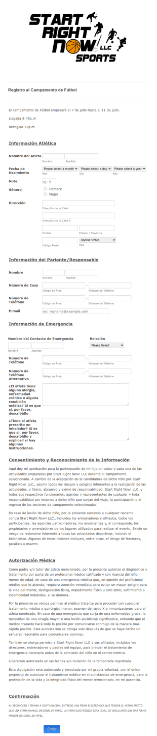 Formulario De Registro Al Campamento De Fútbol