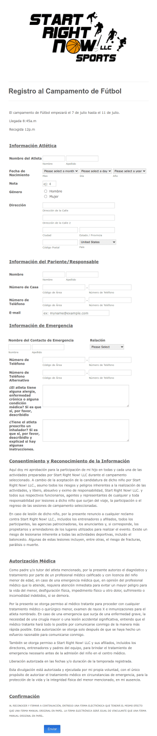 Formulario De Registro Al Campamento De Fútbol Form Template