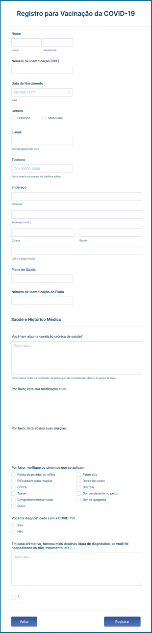 Formulário De Registro Da Vacinação Contra A COVID 19