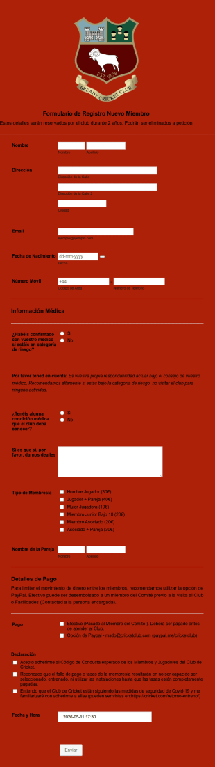 Formulario De Registro De Al Club De Cricket