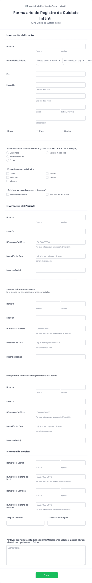 Formulario De Registro De Cuidado Infantil Form Template