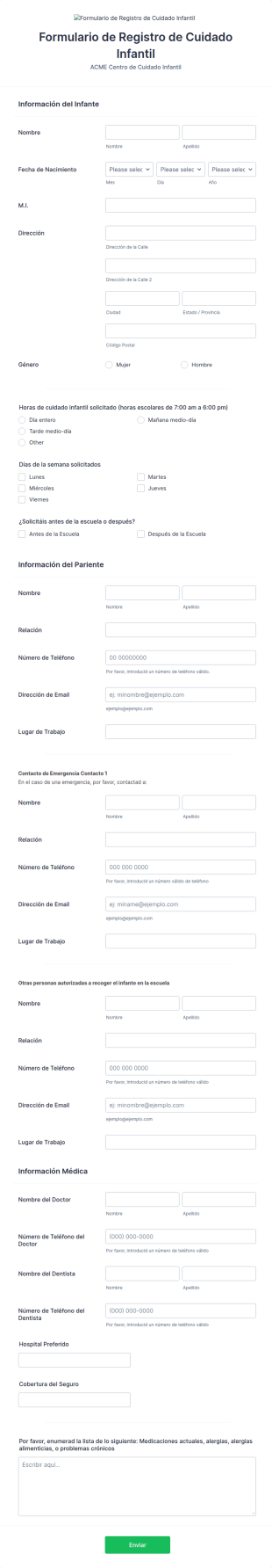 Formulario De Registro De Cuidado Infantil