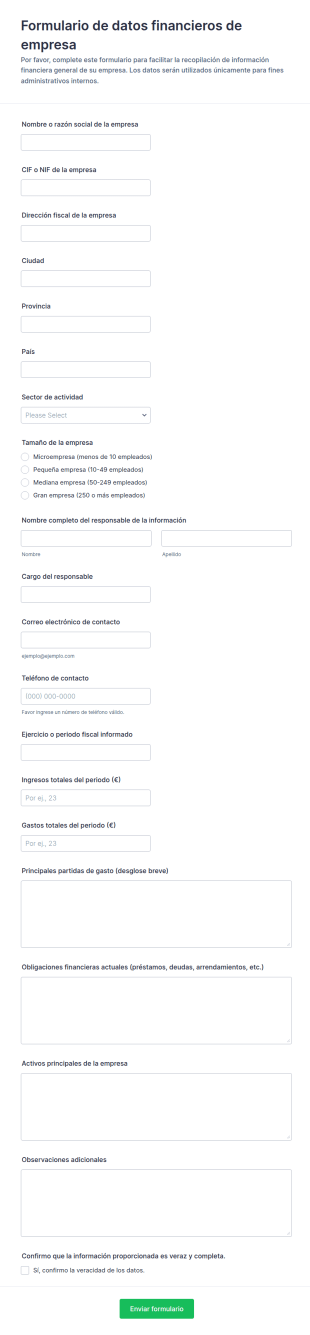 Formulario De Registro De Datos Financieros De La Empresa