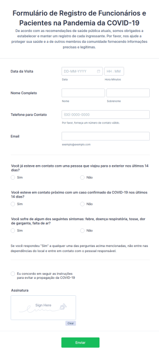 Formulário De Registro De Funcionários E Pacientes Na Pandemia Da COVID 19