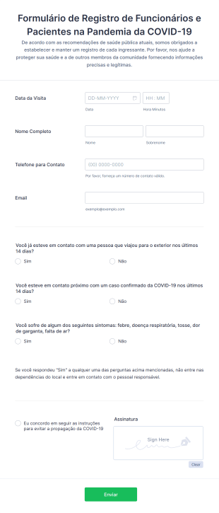 Formulário De Registro De Funcionários E Pacientes Na Pandemia Da COVID 19