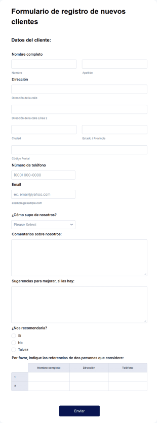Formulario De Registro De Nuevos Clientes