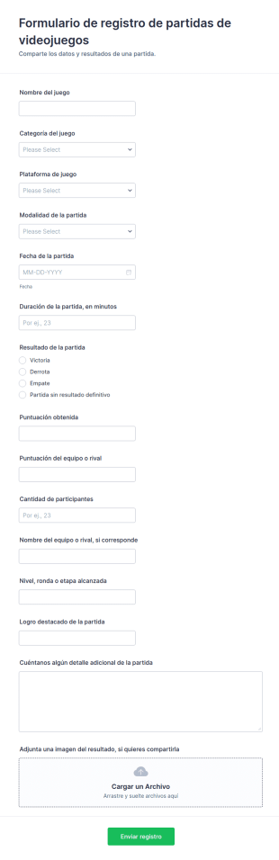 Formulario De Registro De Partidas De Juego
