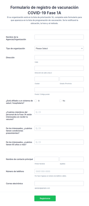 Formulario De Registro De Vacunación COVID 19 Fase 1A