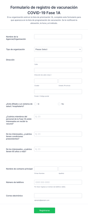Formulario De Registro De Vacunación COVID 19 Fase 1A Form Template