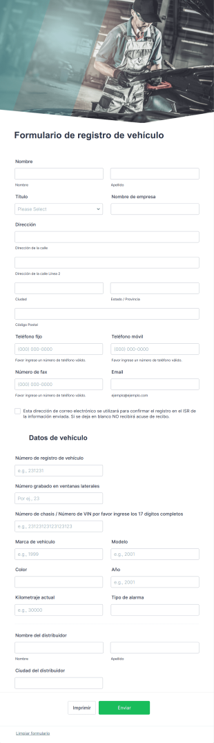 Formulario De Registro De Vehículo Form Template