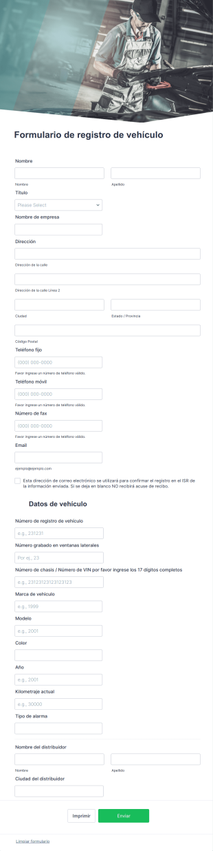 Formulario De Registro De Vehículo