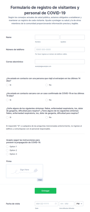 Formulario De Registro De Visitantes Y Personal De COVID 19