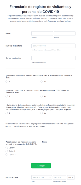 Formulario De Registro De Visitantes Y Personal De COVID 19 Form Template