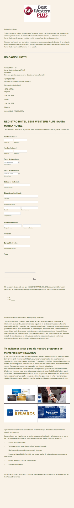 Formulario De Registro Hotel Best Western Plus Santa Marta Hotel