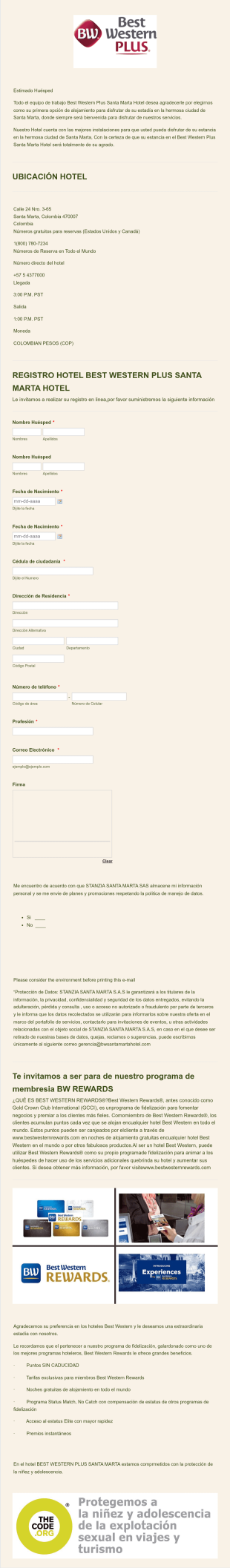 Formulario De Registro Hotel Best Western Plus Santa Marta Hotel Form Template