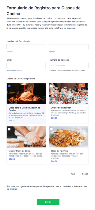 Formulario De Registro Para Clases De Cocina Form Template