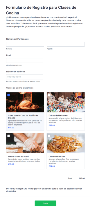 Formulario De Registro Para Clases De Cocina
