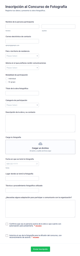 Formulario De Registro Para Concurso De Fotografía