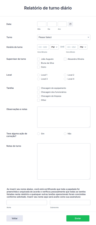 Formulário De Relatório De Turno Diário