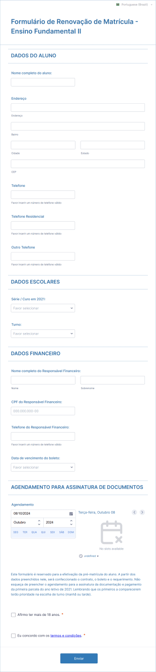 Formulário De Renovação De Matrícula Ensino Fundamental II